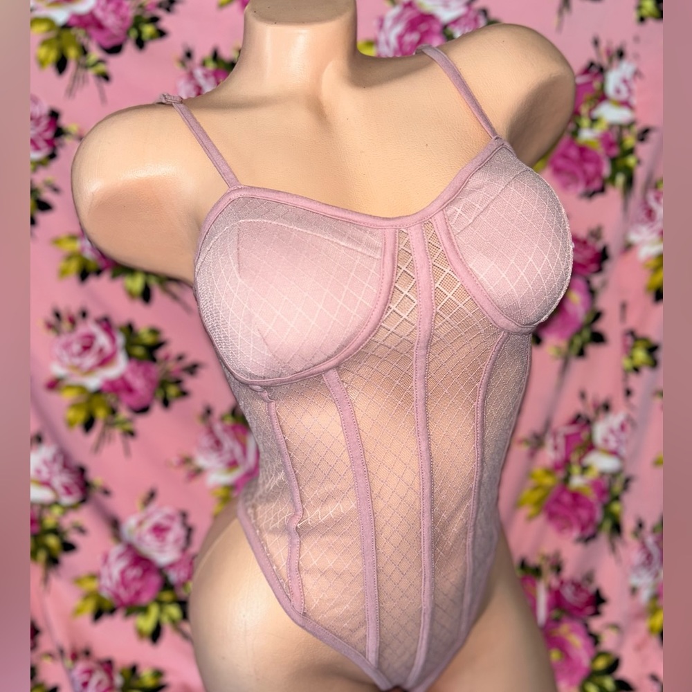 Corset mauve pink blush bodice bodysuit sweetheart mesh diamond